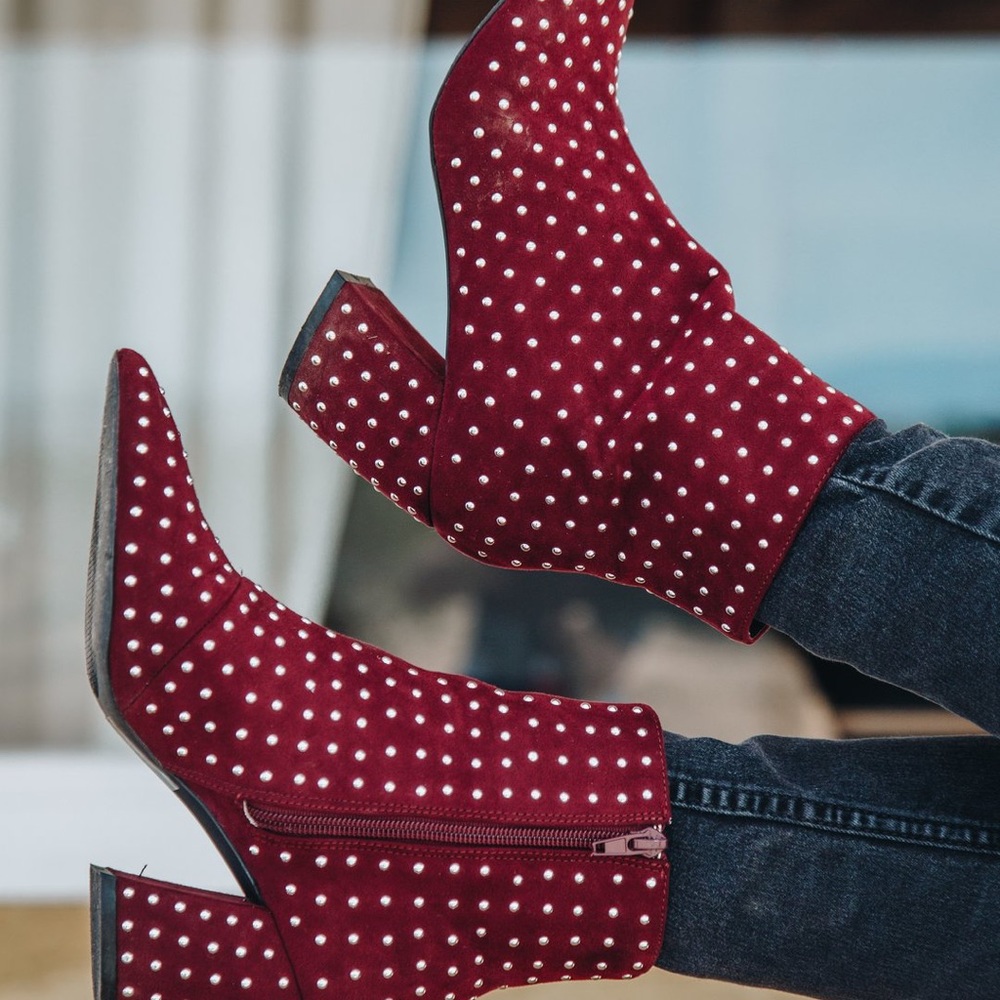 Burgundy Suede Studded Boots - Picture 3 of 3